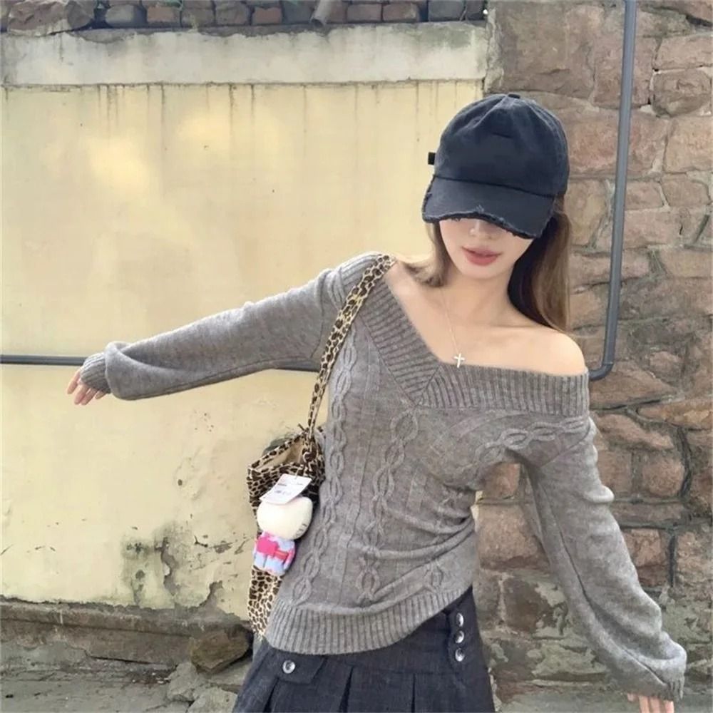 Fashion Vintage V-Neck Knitted Top – Early Autumn Slim Sexy Gray Pullover Sweater for Women
