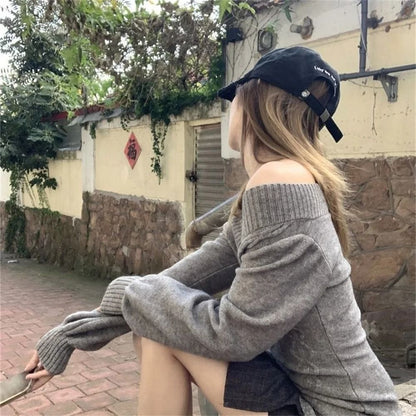 Fashion Vintage V-Neck Knitted Top – Early Autumn Slim Sexy Gray Pullover Sweater for Women