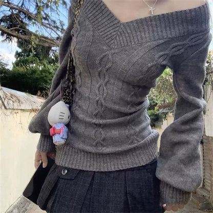 Fashion Vintage V-Neck Knitted Top – Early Autumn Slim Sexy Gray Pullover Sweater for Women