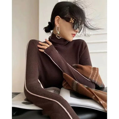 High Neck Knitted Sweater – Trendy Autumn/Winter Color Blocking Slim Fit Pullover for Women