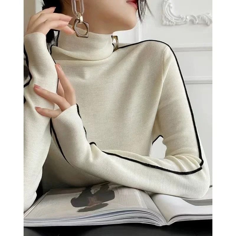 High Neck Knitted Sweater – Trendy Autumn/Winter Color Blocking Slim Fit Pullover for Women