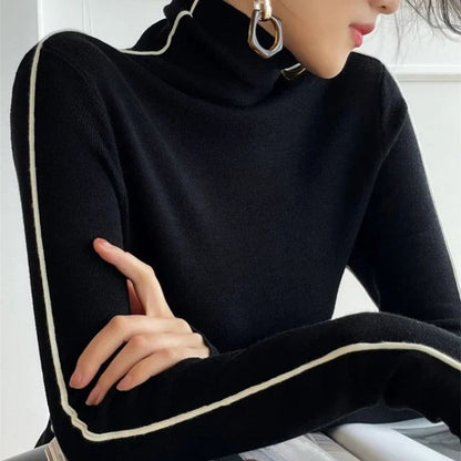High Neck Knitted Sweater – Trendy Autumn/Winter Color Blocking Slim Fit Pullover for Women