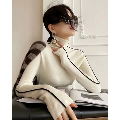 High Neck Knitted Sweater – Trendy Autumn/Winter Color Blocking Slim Fit Pullover for Women