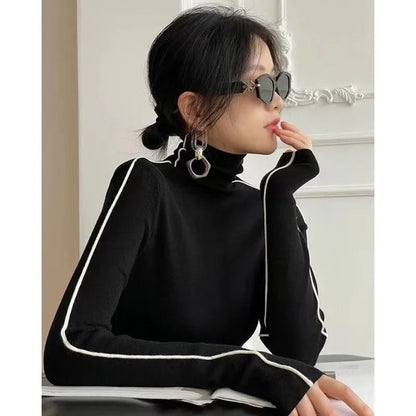 High Neck Knitted Sweater – Trendy Autumn/Winter Color Blocking Slim Fit Pullover for Women