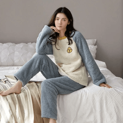 Womens Flannel Winter Pajama Set Coral Velvet Cartoon Bear Sleepwear