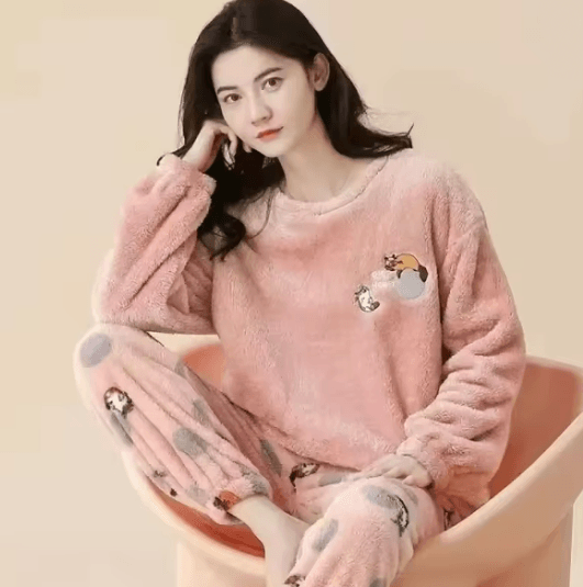 Womens Flannel Winter Pajama Set Coral Velvet Cartoon Bear Sleepwear