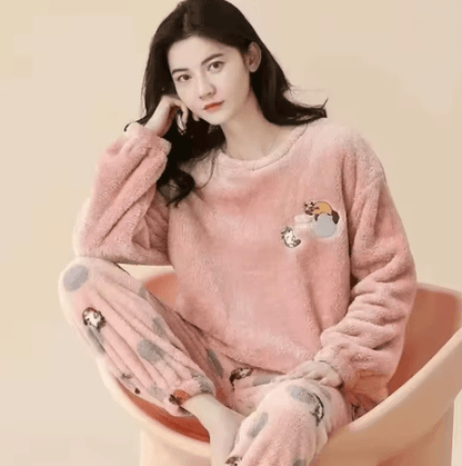 Womens Flannel Winter Pajama Set Coral Velvet Cartoon Bear Sleepwear