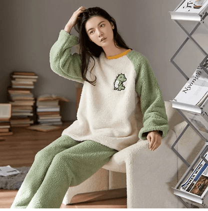 Womens Flannel Winter Pajama Set Coral Velvet Cartoon Bear Sleepwear
