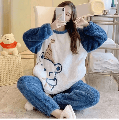 Womens Flannel Winter Pajama Set Coral Velvet Cartoon Bear Sleepwear