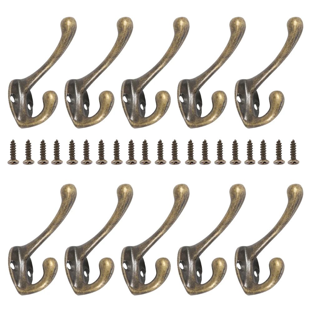 Vintage Bronze Heavy duty coat hooks Set (10/20 Pack), Wall-Mounted Double Prong Hooks with Screws