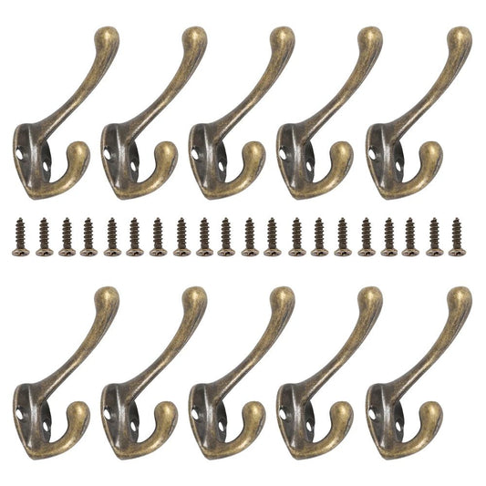 Vintage Bronze Heavy duty coat hooks Set (10/20 Pack), Wall-Mounted Double Prong Hooks with Screws