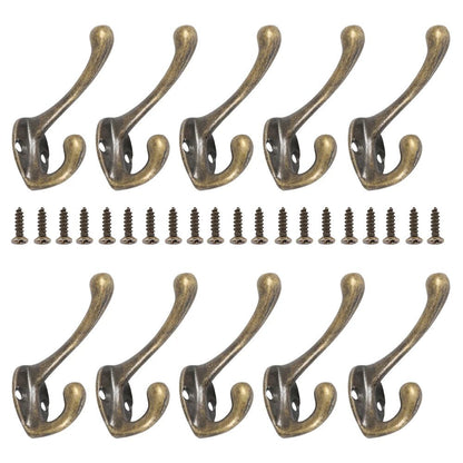 Vintage Bronze Heavy duty coat hooks Set (10/20 Pack), Wall-Mounted Double Prong Hooks with Screws