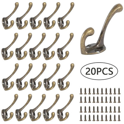 Vintage Bronze Heavy duty coat hooks Set (10/20 Pack), Wall-Mounted Double Prong Hooks with Screws