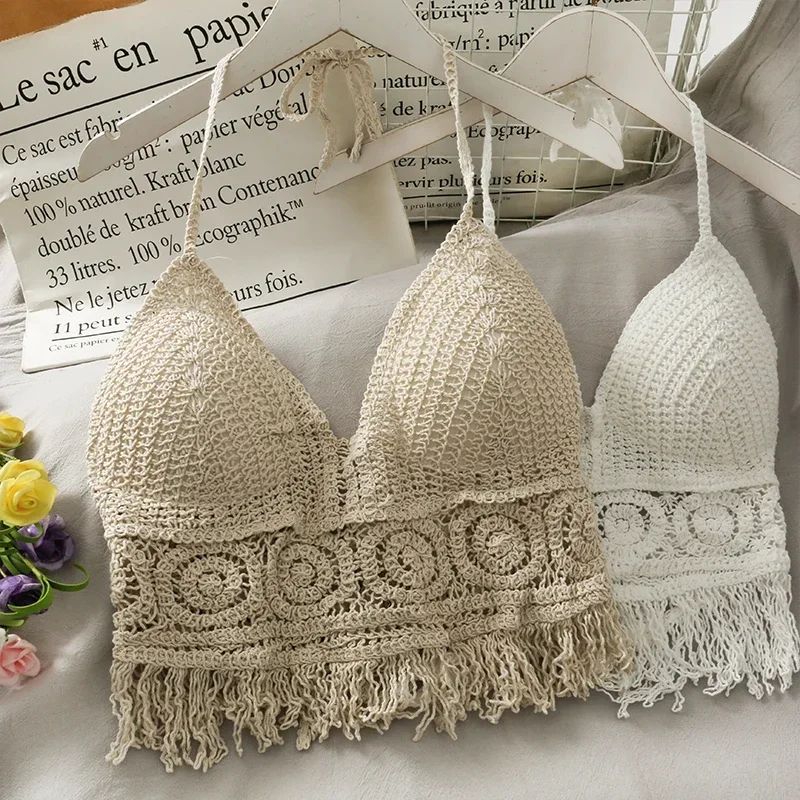 Retro Lace Halter Crop Top for Women with Tassel Details Built In Bra Beach Cami