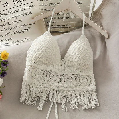 Retro Lace Halter Crop Top for Women with Tassel Details Built In Bra Beach Cami