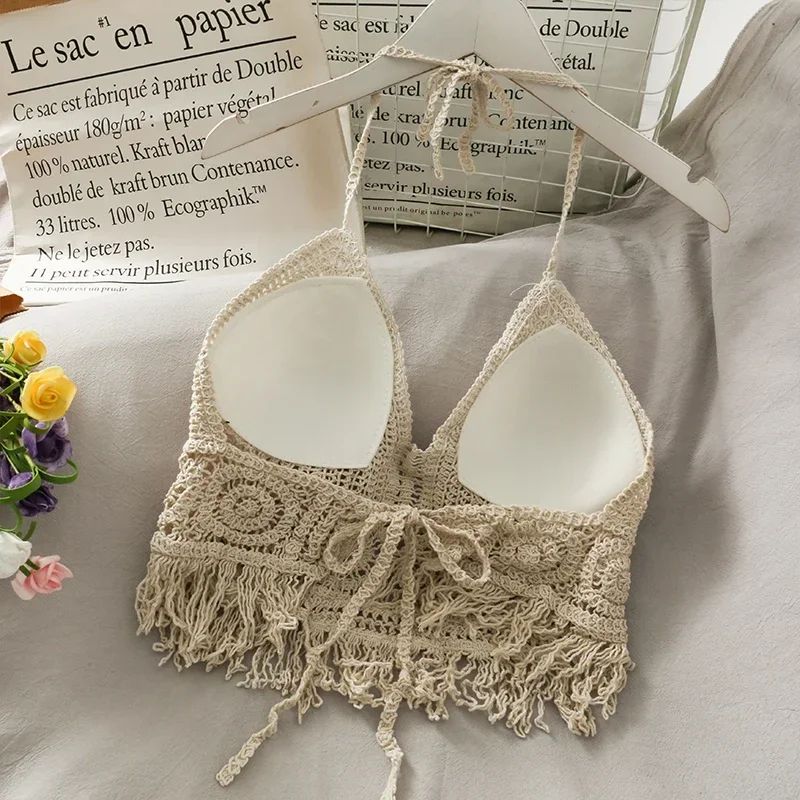 Retro Lace Halter Crop Top for Women with Tassel Details Built In Bra Beach Cami