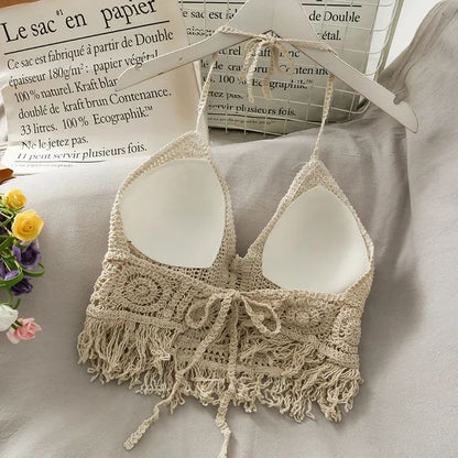 Retro Lace Halter Crop Top for Women with Tassel Details Built In Bra Beach Cami