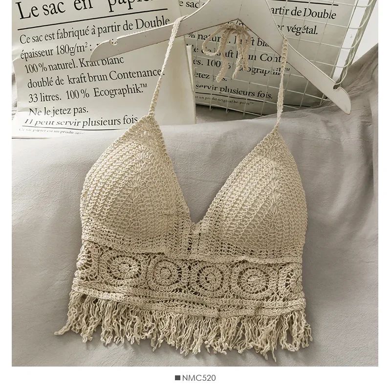 Retro Lace Halter Crop Top for Women with Tassel Details Built In Bra Beach Cami