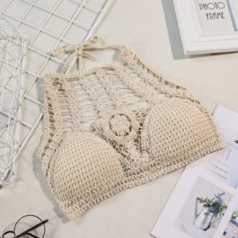 Retro Lace Halter Crop Top for Women with Tassel Details Built In Bra Beach Cami