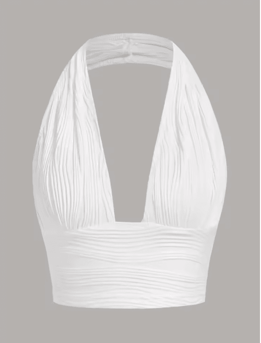 White Deep V Backless Halter Crop Top Y2K Club Street Style
