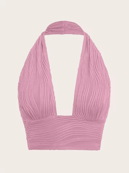 White Deep V Backless Halter Crop Top Y2K Club Street Style