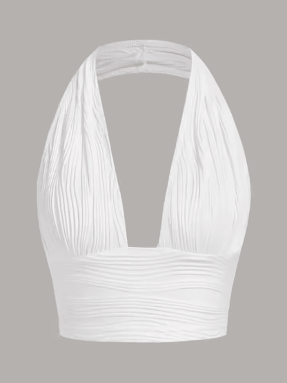White Deep V Backless Halter Crop Top Y2K Club Street Style