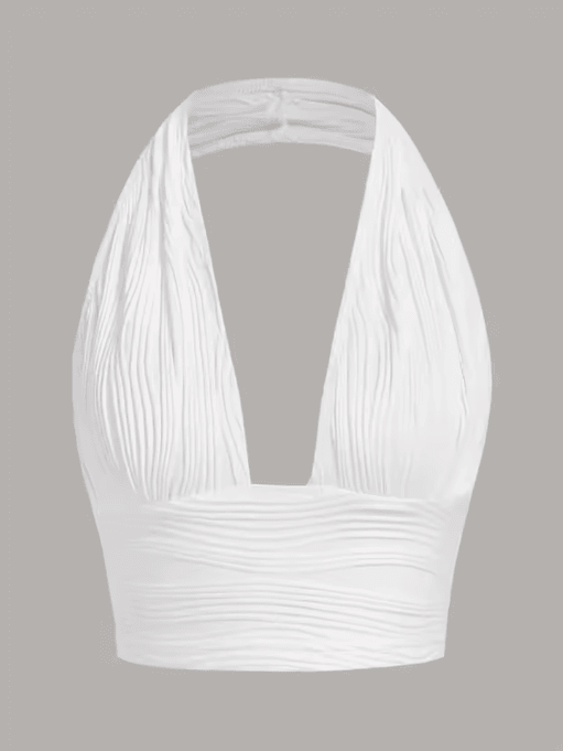 White Deep V Backless Halter Crop Top Y2K Club Street Style