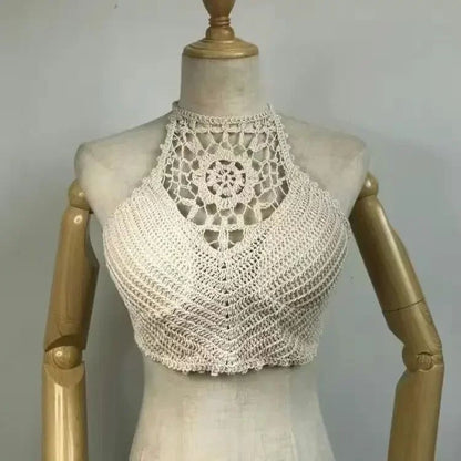 Retro Lace Halter Crop Top for Women with Tassel Details Built In Bra Beach Cami