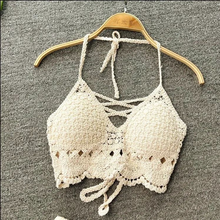 Retro Lace Halter Crop Top for Women with Tassel Details Built In Bra Beach Cami