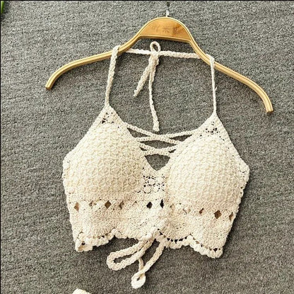 Retro Lace Halter Crop Top for Women with Tassel Details Built In Bra Beach Cami