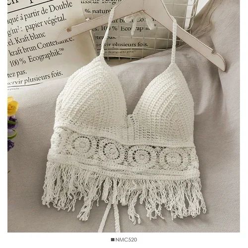 Retro Lace Halter Crop Top for Women with Tassel Details Built In Bra Beach Cami