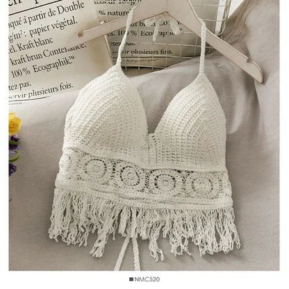Retro Lace Halter Crop Top for Women with Tassel Details Built In Bra Beach Cami