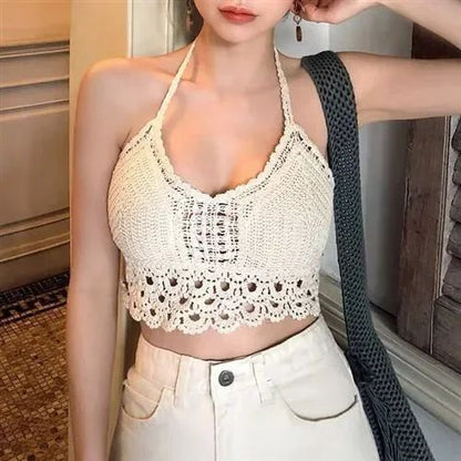 Retro Lace Halter Crop Top for Women with Tassel Details Built In Bra Beach Cami
