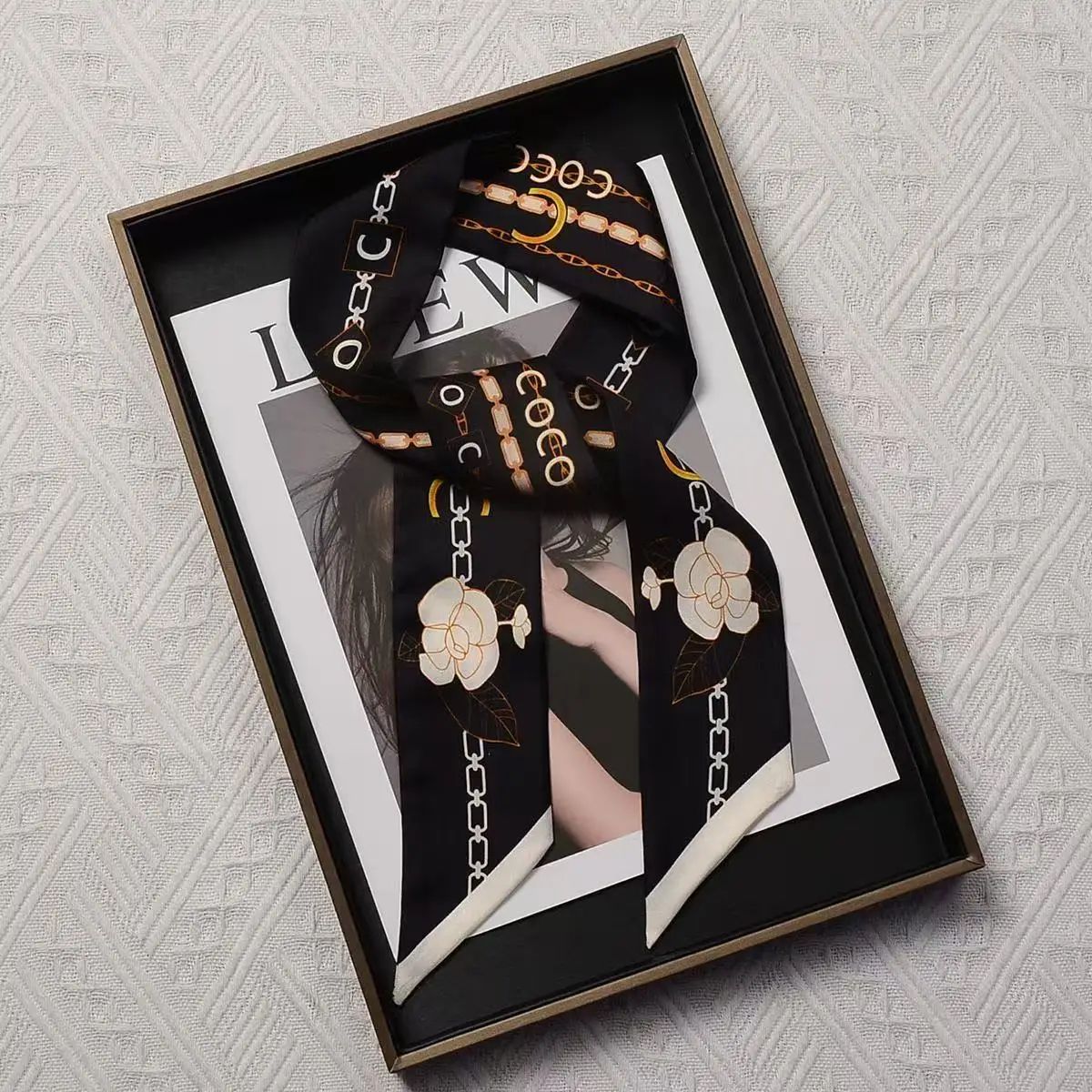 Elegant 5x90cm Black and White Silk Scarf Ribbon