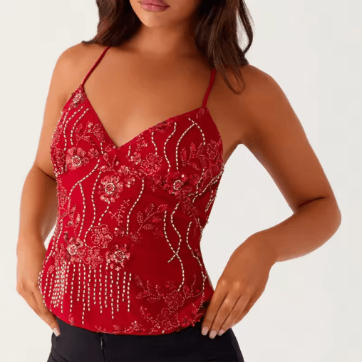 Y2K Sequin Halter Crop Top with Pearl & Rhinestone Detail – Summer Party Cami