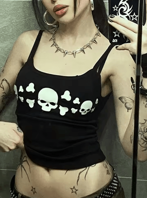 Vintage Skull Print Backless Goth Tank Top Low Cut Grunge Streetwear Camisole