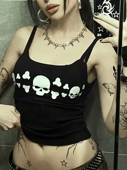 Vintage Skull Print Backless Goth Tank Top Low Cut Grunge Streetwear Camisole