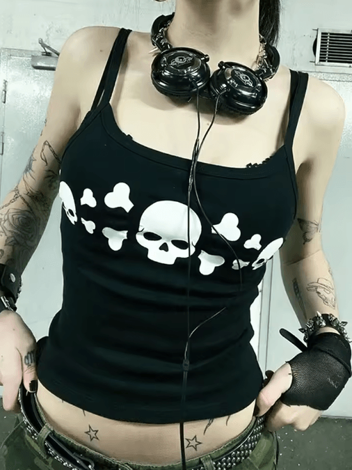 Vintage Skull Print Backless Goth Tank Top Low Cut Grunge Streetwear Camisole
