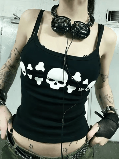 Vintage Skull Print Backless Goth Tank Top Low Cut Grunge Streetwear Camisole