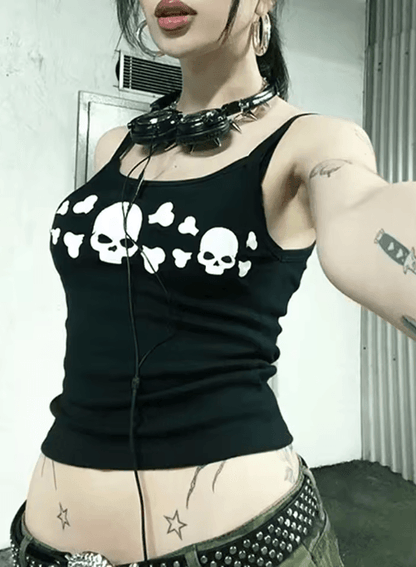 Vintage Skull Print Backless Goth Tank Top Low Cut Grunge Streetwear Camisole