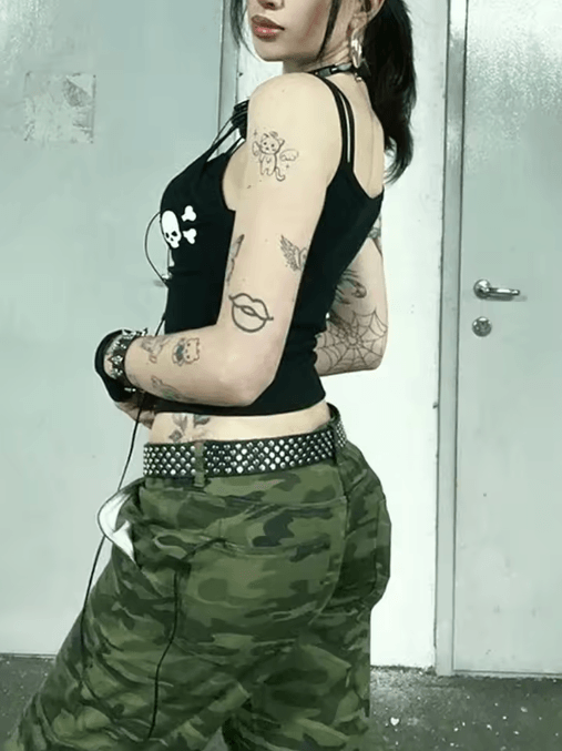 Vintage Skull Print Backless Goth Tank Top Low Cut Grunge Streetwear Camisole