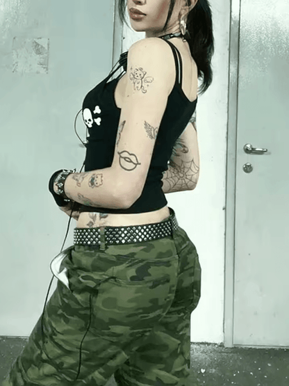 Vintage Skull Print Backless Goth Tank Top Low Cut Grunge Streetwear Camisole