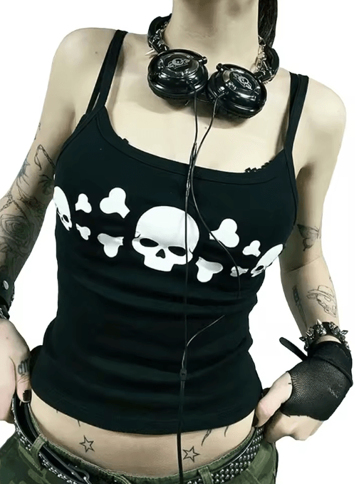 Vintage Skull Print Backless Goth Tank Top Low Cut Grunge Streetwear Camisole