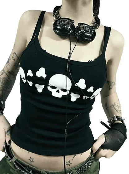 Vintage Skull Print Backless Goth Tank Top Low Cut Grunge Streetwear Camisole