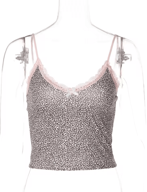 Hugcitar Leopard Print Lace Patchwork Crop Cami Y2K Slim Fit Festival Party Top