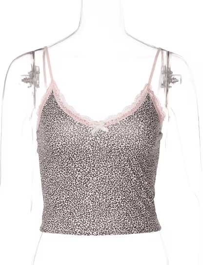 Hugcitar Leopard Print Lace Patchwork Crop Cami Y2K Slim Fit Festival Party Top