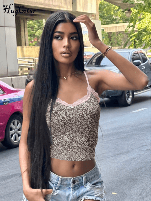 Hugcitar Leopard Print Lace Patchwork Crop Cami Y2K Slim Fit Festival Party Top