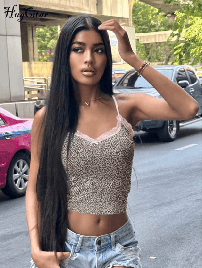 Hugcitar Leopard Print Lace Patchwork Crop Cami Y2K Slim Fit Festival Party Top