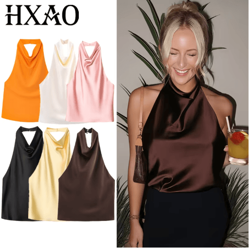 HXAO Satin Halter Backless Corset Top Elegant Summer Tank for Women