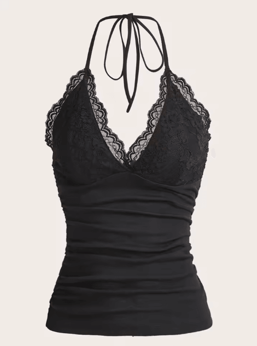 Lace V-Neck Backless Ruched Halter Crop Top Grunge Goth Y2K Streetwear for Women